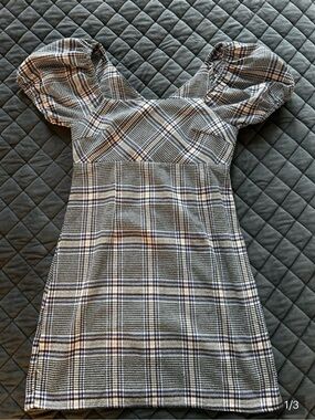 Altar'd State Black and White Plaid Puff-Sleeve Mini Dress